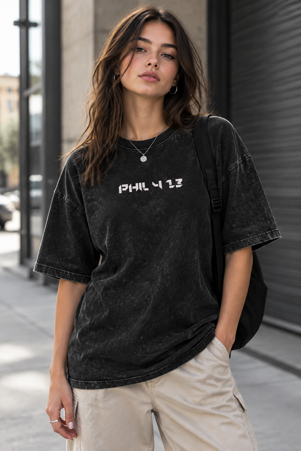 Female model wearing Phil413 Cotton T-Shirt